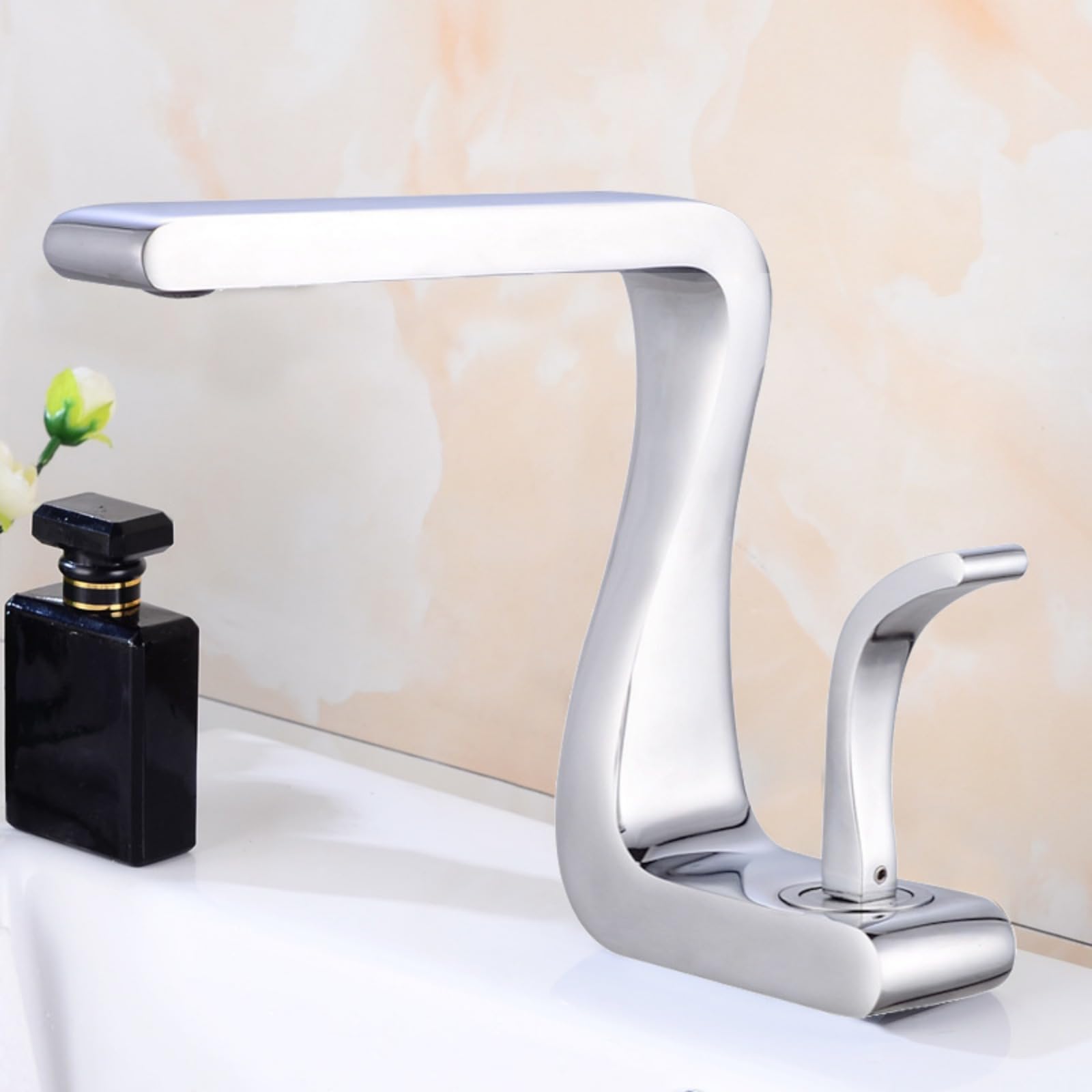 Rubinetto per lavabo per acqua calda e fredda, rubinetto a cascata per lavabo da cucina miscelatore di lusso (cromato)