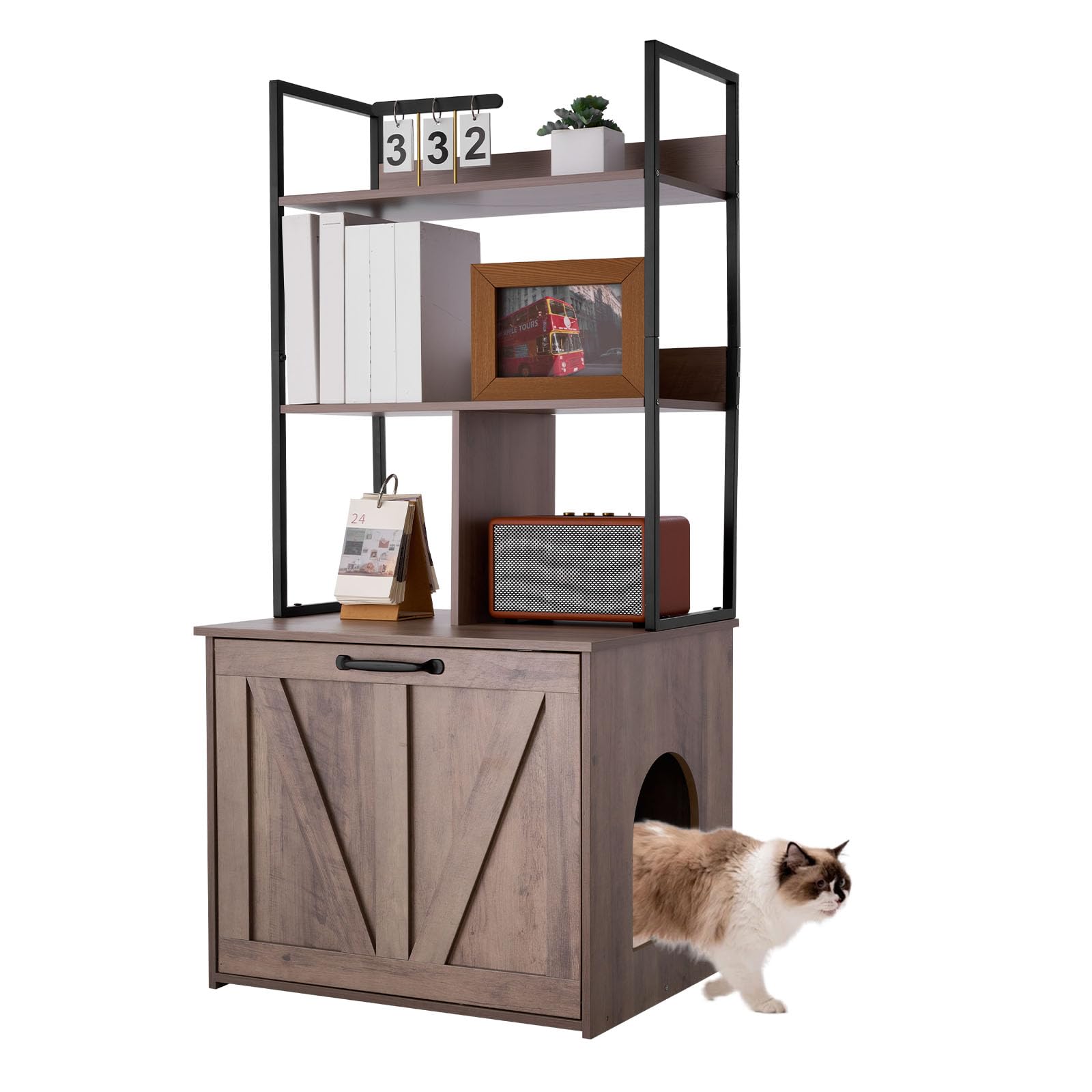 VEVOR Mueble para Caja de Arena para Gatos 60 x 50 x 127 cm, Armario para Arenero de Gatos, con Estantes de Almacenamiento Entrada Lateral Puerta, Estilo Moderno, Casa para Mascotas en Interior Hogar