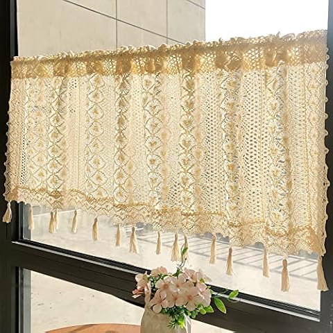 SFJ-CA Boho Macrame Valance for Window Cotton Crochet Kitchen Curtain with Tassels 59" x 12" Rod Pocket Cafe Net 1 Panel Cover