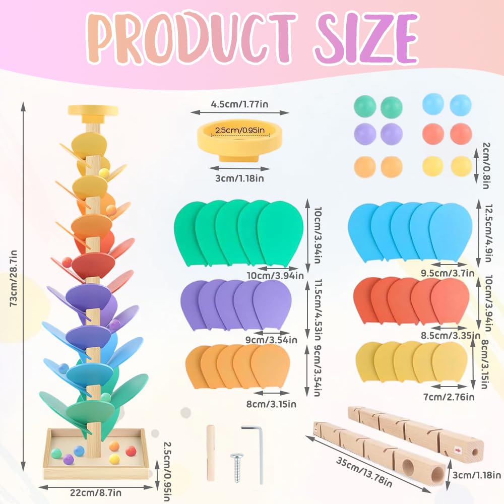 Arbre Sonore, Jouet Montessori en Bois avec Bille de Course, Circuit Billes Arc-en-Ciel 1 Base, 12 Billes, 6 Couleurs de 3 Ans pour Garçons/Filles