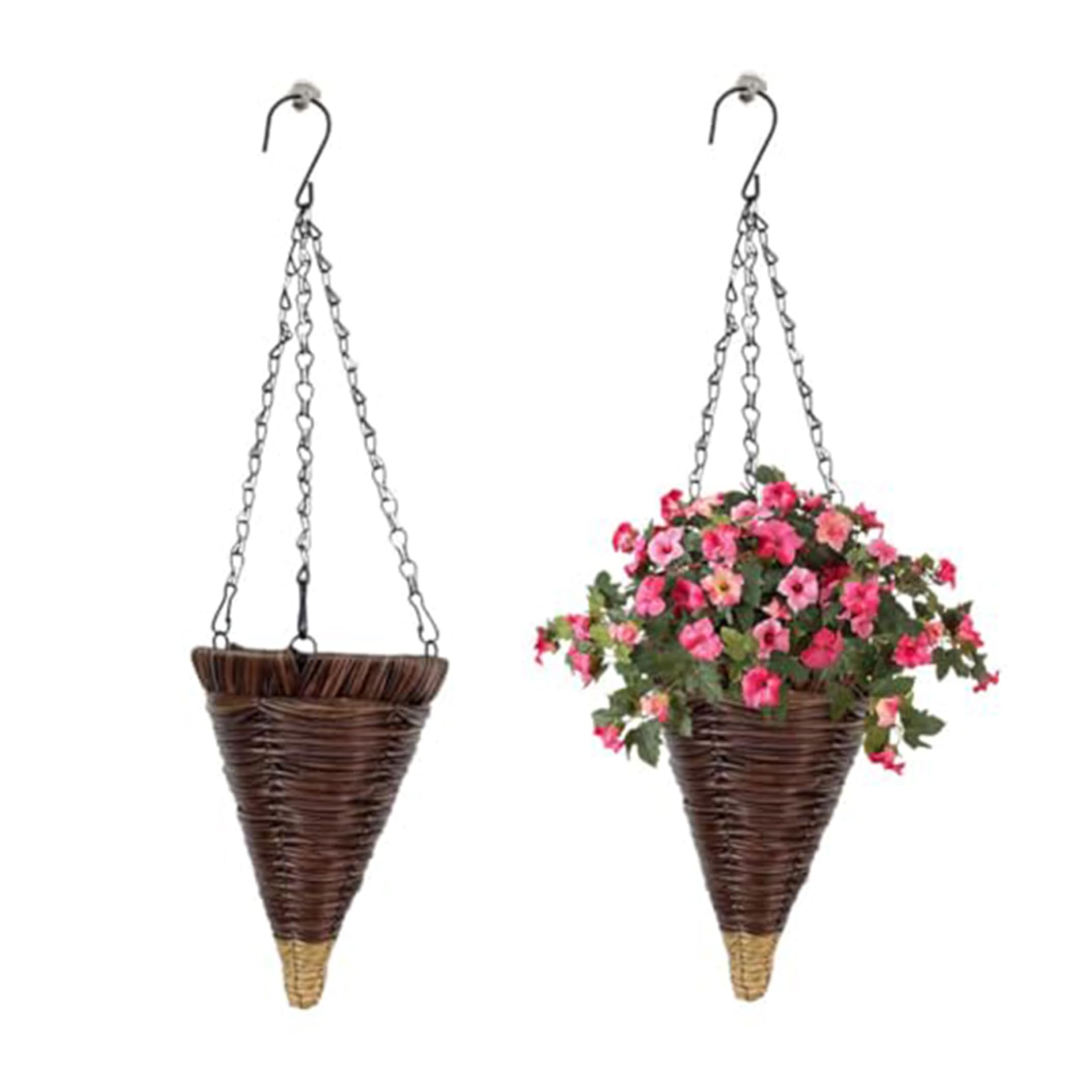 Monwssoe Cone Shaped Hanging Baskets, 2PCS Hanging Baskets for Plants Outdoor Wicker Planter with Metal Chains for Front Door, Garden, Wall, Balcony