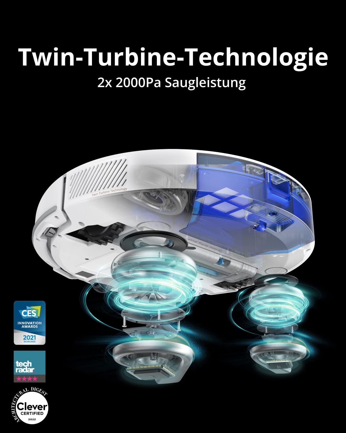 eufy RoboVac X8 Saugroboter mit Lasernavigation, 2X 2000Pa Saugleistung, Twin-Turbine Technologie, AI. Map 2.0 Technologie, WLAN-Konnektivität, BoostIQ Technologie (Generalüberholt)