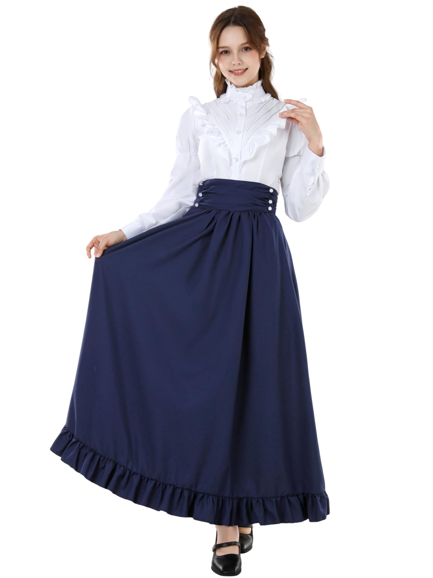 NSPSTT Victorian Dress for Women 2-Piece Edwardian Dress Set with Blouse & Skirt for Halloween or Parties Blue S — image 1