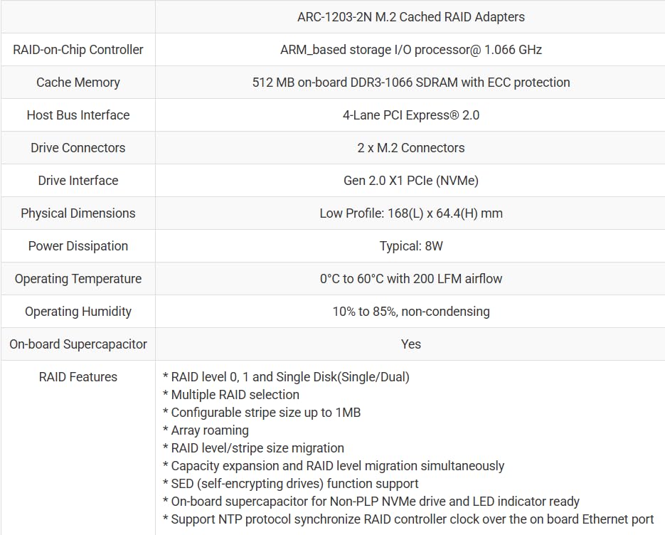 Areca ARC-1203-2N 2-Port Internal PCIe 2.0 x4 to M.2 NVMe Hardware RAID Adapter for RAID 0/1 JBOD