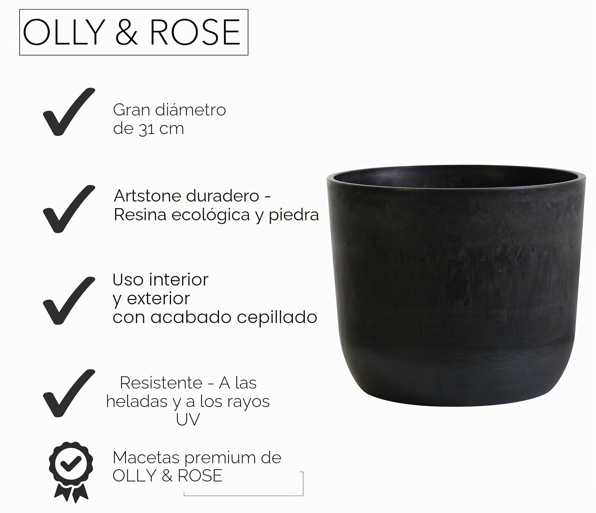 Olly & Rose Macetas grandes de 30 cm con efecto nublado, para exteriores e interiores, color negro