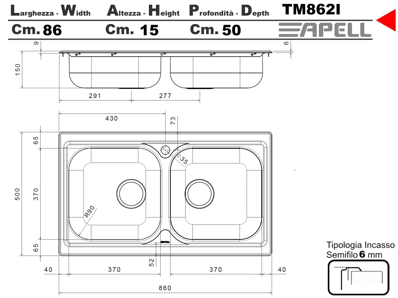 Apell TM862IPC ATMOSFERA 2 Vasche 86x50 Lavello Inox