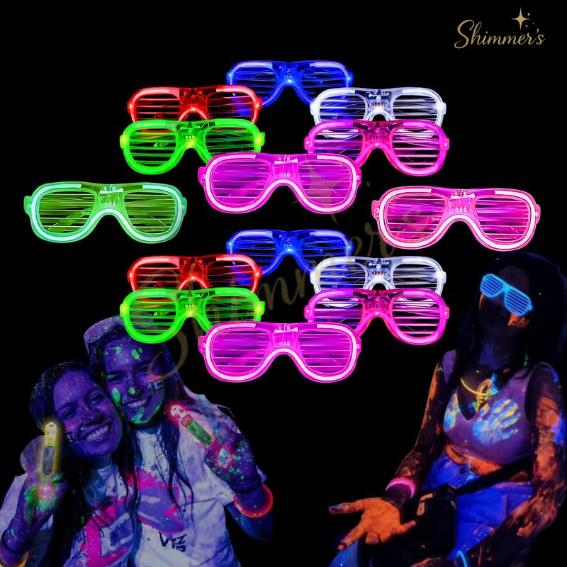 Image of Shimmers Neon Party Glasses Pack of 12 - Glow in Dark Shutter Shades for Kids & Adults, UV Reactive Bright Color Sunglasses for Holi, DJ Night, Birthday, Festival, Rave & Dance Party Accessories