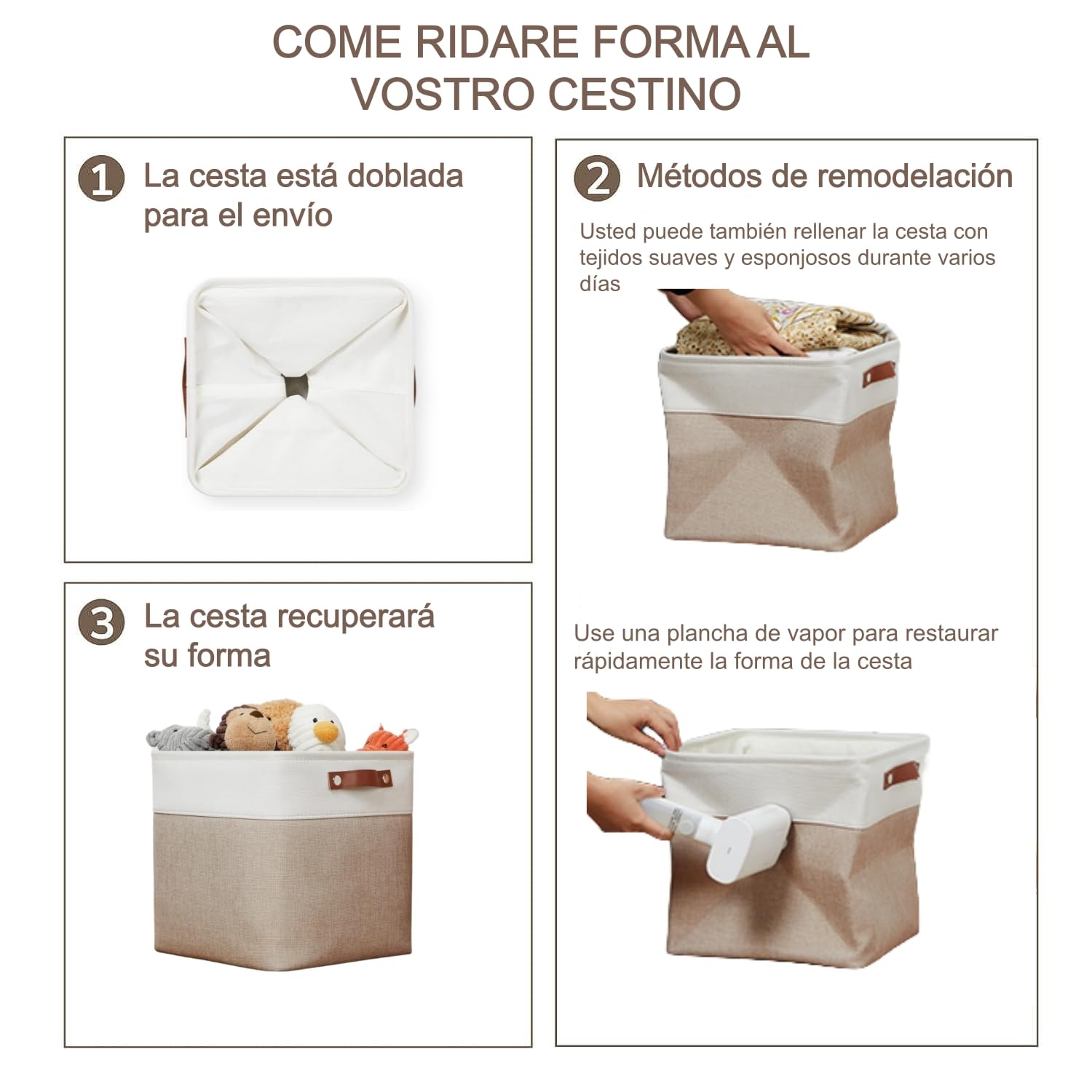 Caja de Almacenamiento de Tela, Juego de 4 Cubos de 33x38x33cm, Cajas de Almacenamiento con Asa de Imitación de Piel para Armarios, Estanterías y Ropa, Color Caqui y Blanco