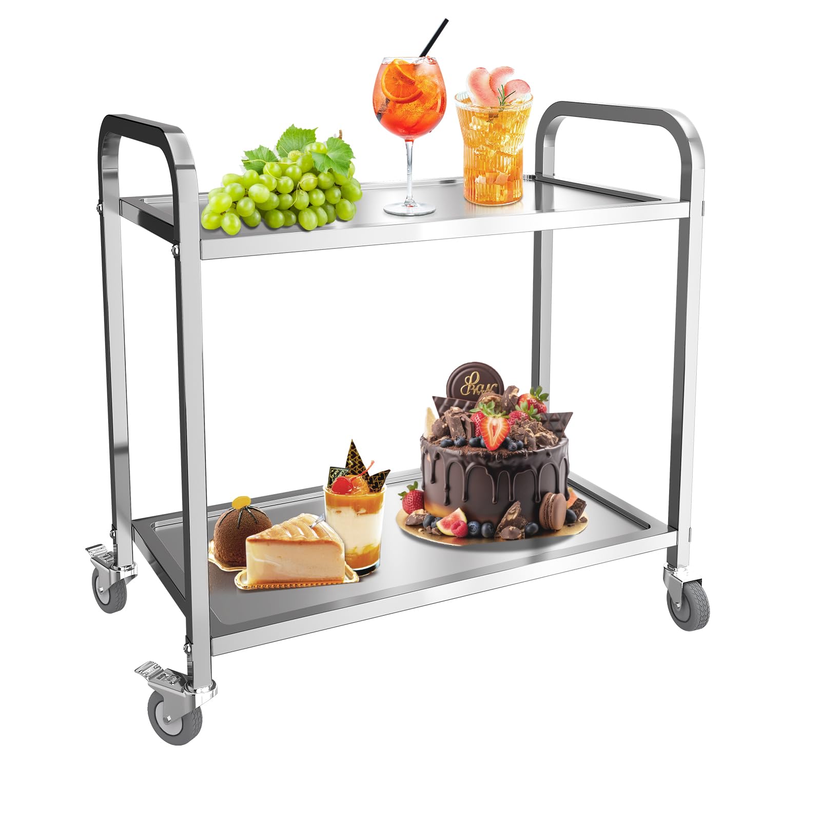 Chariot de cuisine à 2 étages en acier inoxydable avec roues