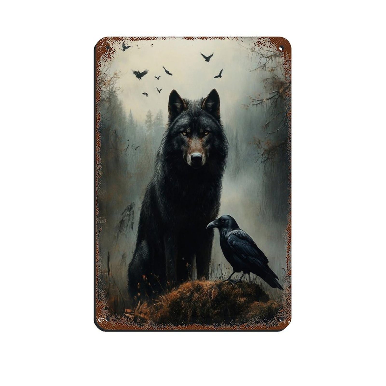 Wolf And Raven Art, Dark Gothic Fantasy Retro Poster Metal Tin Sign Chic Art Retro Iron Painting Bar People Cave Cafe Family Garage Poster Wall Decoration 8x12inch(20x30cm)