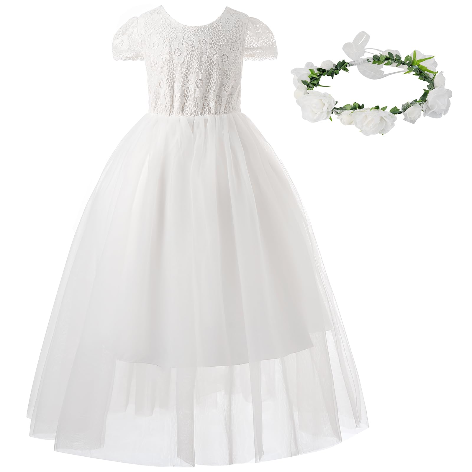 BOTYOS Girls Dresses Size 6-10Y White Lace Dress Toddler Girls Outfit Ivory Flower Girl Kids Formal Dress with Flower Crown