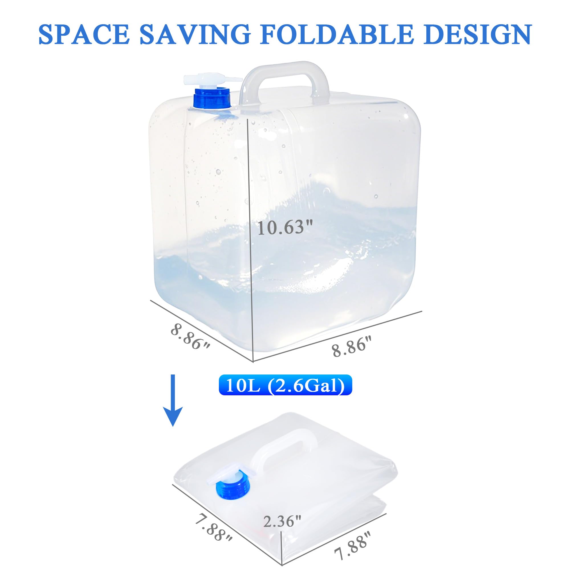 Collapsible Water Container with Spigot & Hook, BPA Free Water Jug, Foldable Carrier Bucket, Water Storage Container for Camping Hiking Survival Kit, 2-Pack (10L/2.6 Gallon)