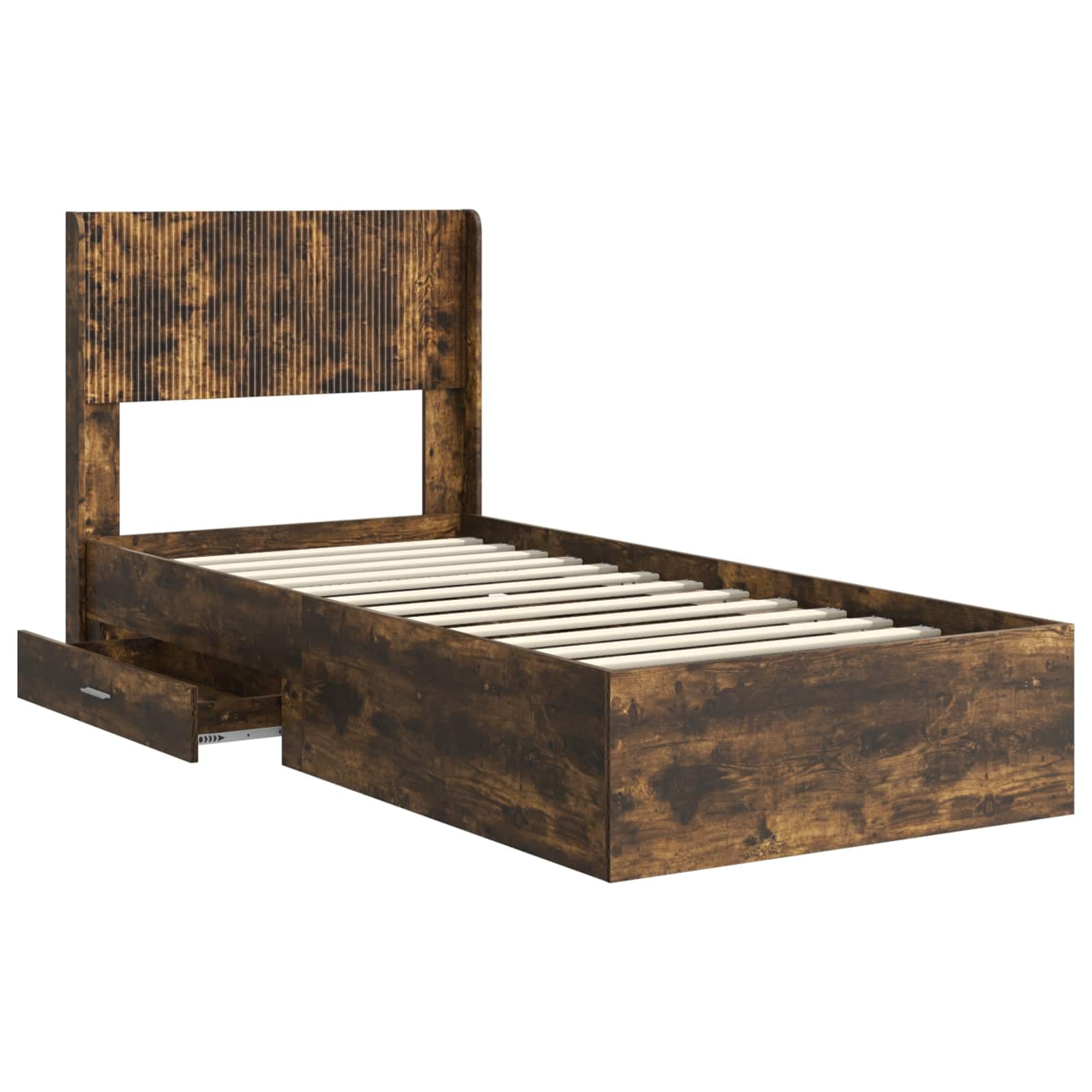 Rama de cama con almacenamiento y cabecero Rovere Fumo 105x203 cm somier de listones fijos compartimentos integrados estructura moderna madera ingenierizada soporte 140 kg fácil montaje