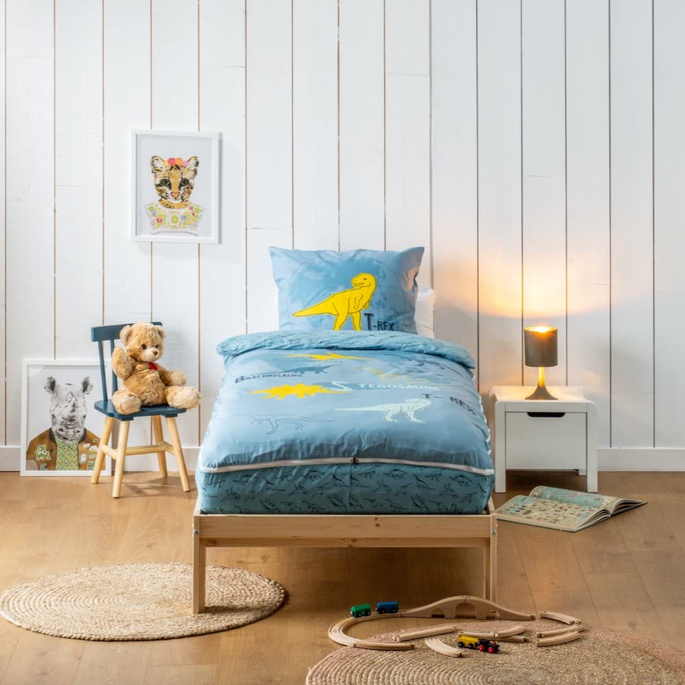 Caradou Parure de Lit Enfant T-Rex, 3 Pièces sans Couette, 90x190 cm, Coton, Bleu Vert