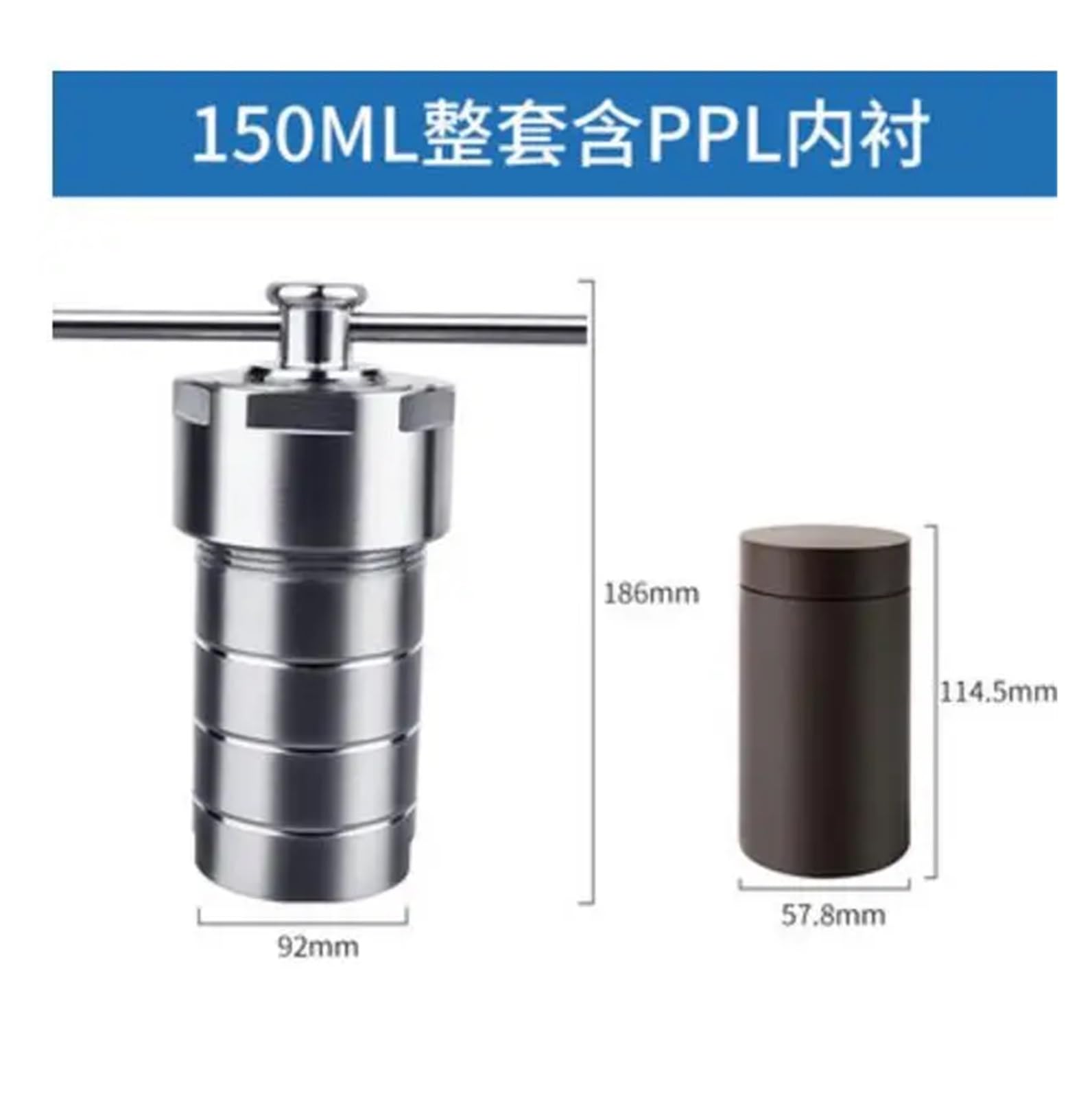 Reactor de autoclave, Reactor de síntesis Autoclave hidrotermal, revestimiento PTFE PPL, distión, tanque alta presión, carcasa fusión, 80ml, 100ml, 150ml Para laboratorio(150ml PTFE Liner)