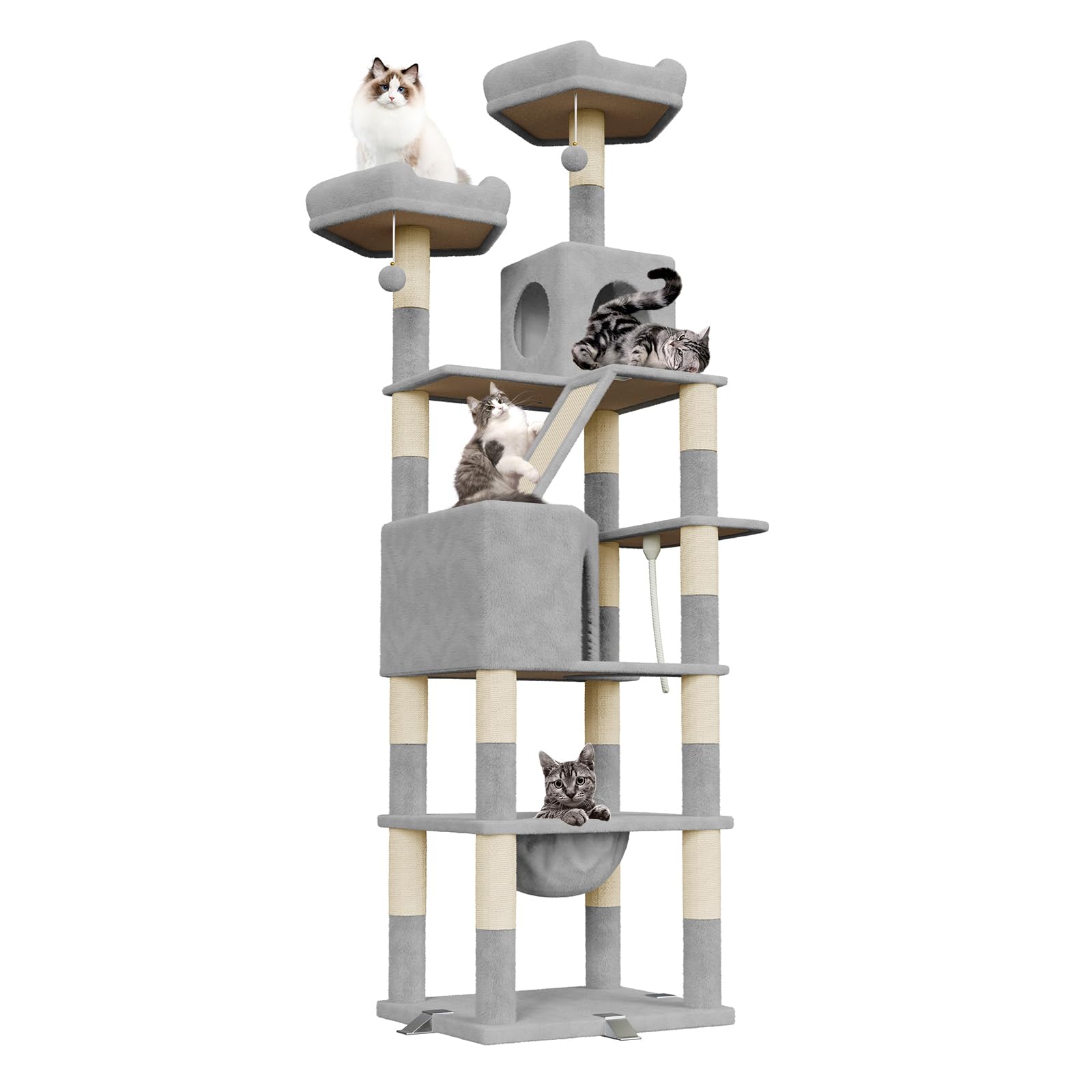 Dogat 208cm Tall Cat Tree, Anti-Tip Design Cat Tree for Indoor Large Cats, Multi-Level Cat Tower with 15 Scratching Posts, 2 Perches, 2 Caves, 1 Scratching Ramp and Hammock (Light Grey)