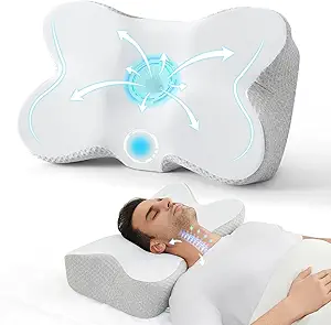 JOLLYVOGUE Cervical Neck Pillow for Pain Relief Memory Foam Side Sleeper Pillow with Cooling Pillowcase, Ergonomic Design for Back Stomach Sleepers, Large, White