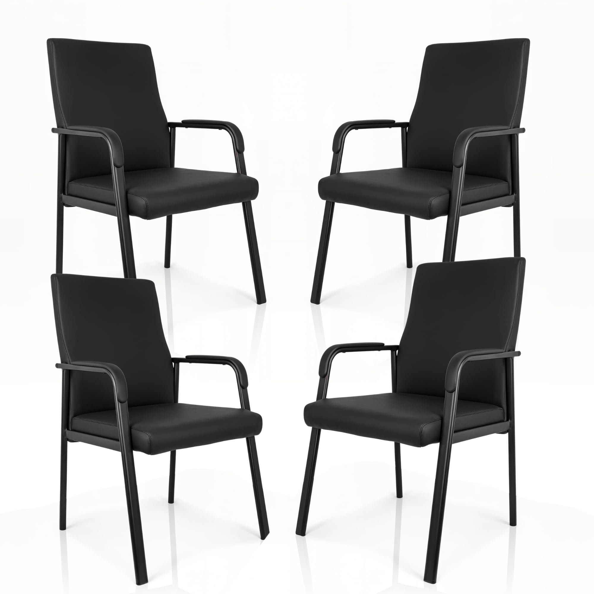 Leather Office Guest Chair, Guest Conference Room Chair, 600 LBS Capacity High Back Reception Chair with Padded Armrests, No Wheels, Black - 4 Pack