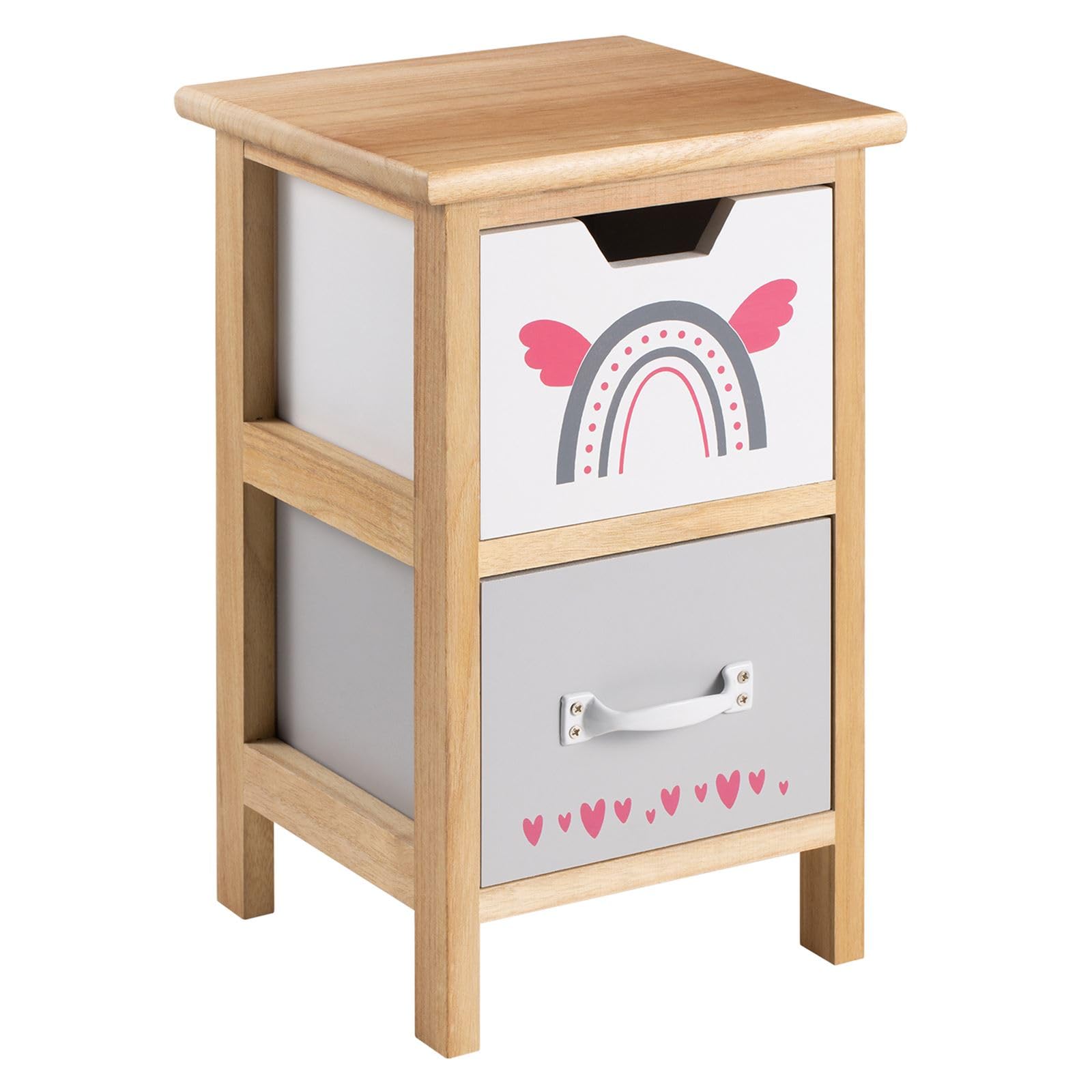 IDIMEX Table de Chevet Enfant ESTA Petite Commode en Bois de Paulownia Naturel, 2 tiroirs Gris et Blanc aux Motifs Arc-en-Ciel