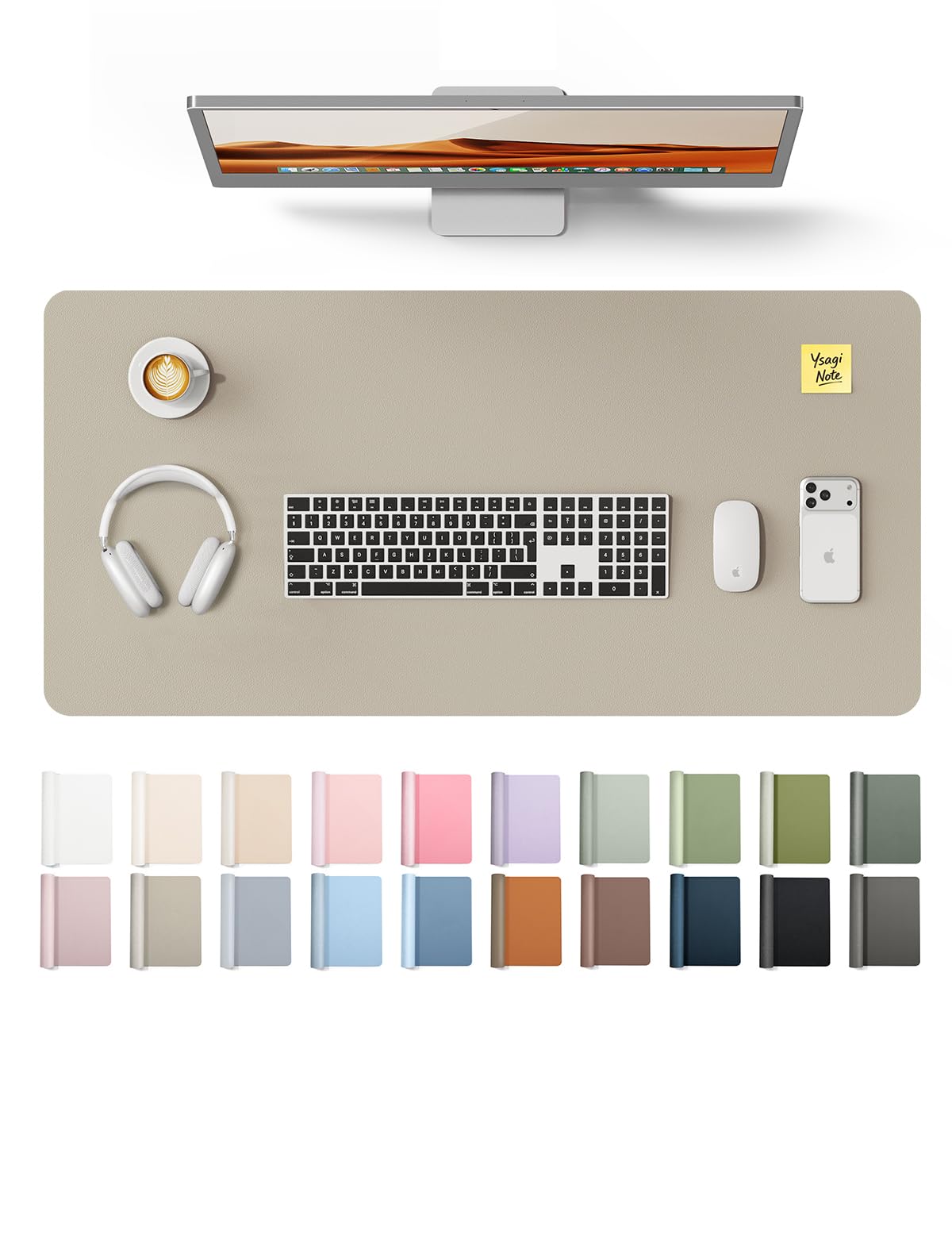 YSAGi Leather Desk Pad Protector, Office Desk Mat, Large Mouse Pad, Non-Slip PU Leather Desk Blotter, Laptop Desk Pad, Waterproof Desk Writing Pad for Office and Home (Olive Beige, 31.5" x 15.8")