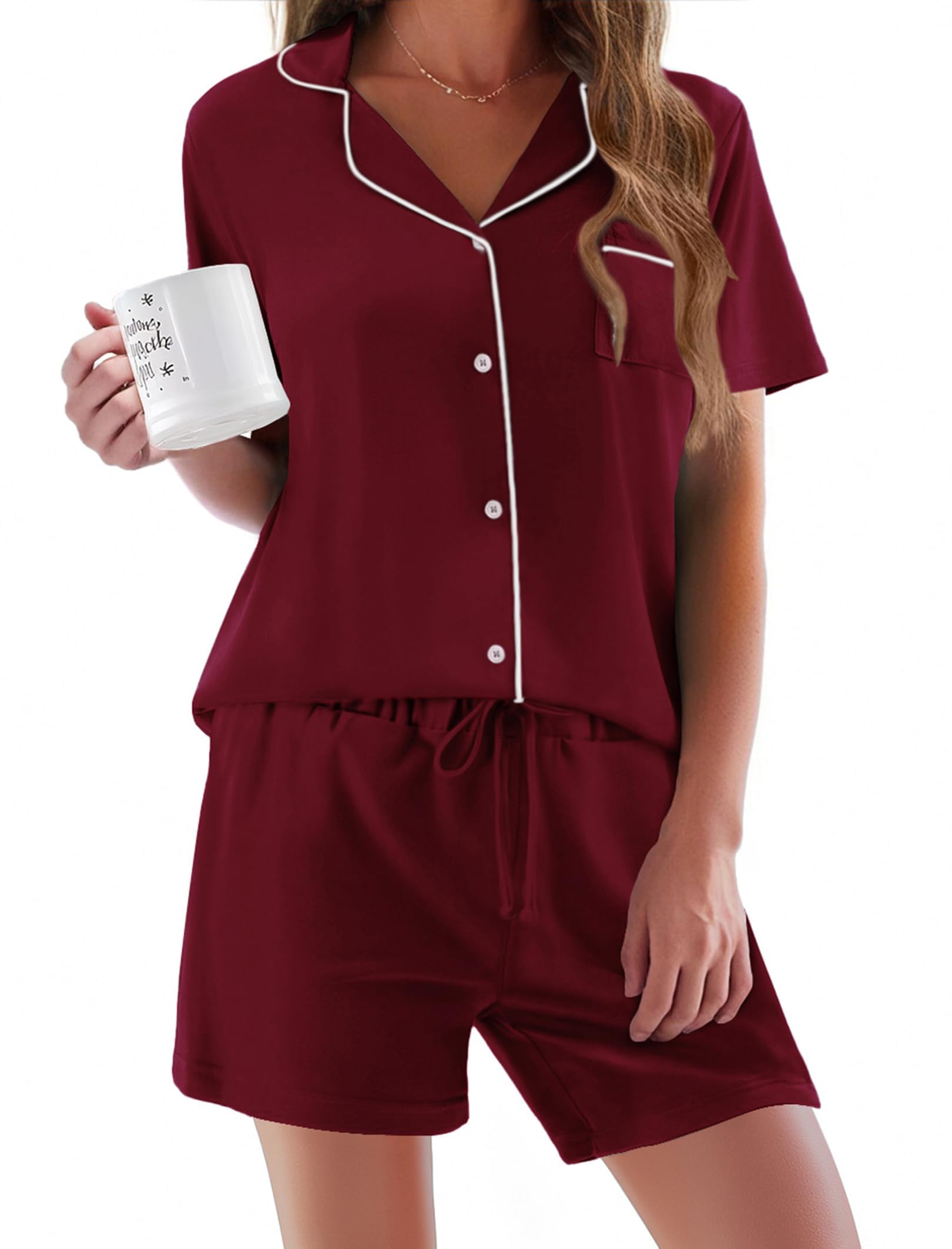 Ekouaer Schlafanzug Damen Kurz Pyjama Set Kurzarm Schlafanzüge Frauen Sommer Hausanzug Kurz Lounge Set Zweiteiliger Sleepwear mit Knöpfen und Taschen,S-XXL