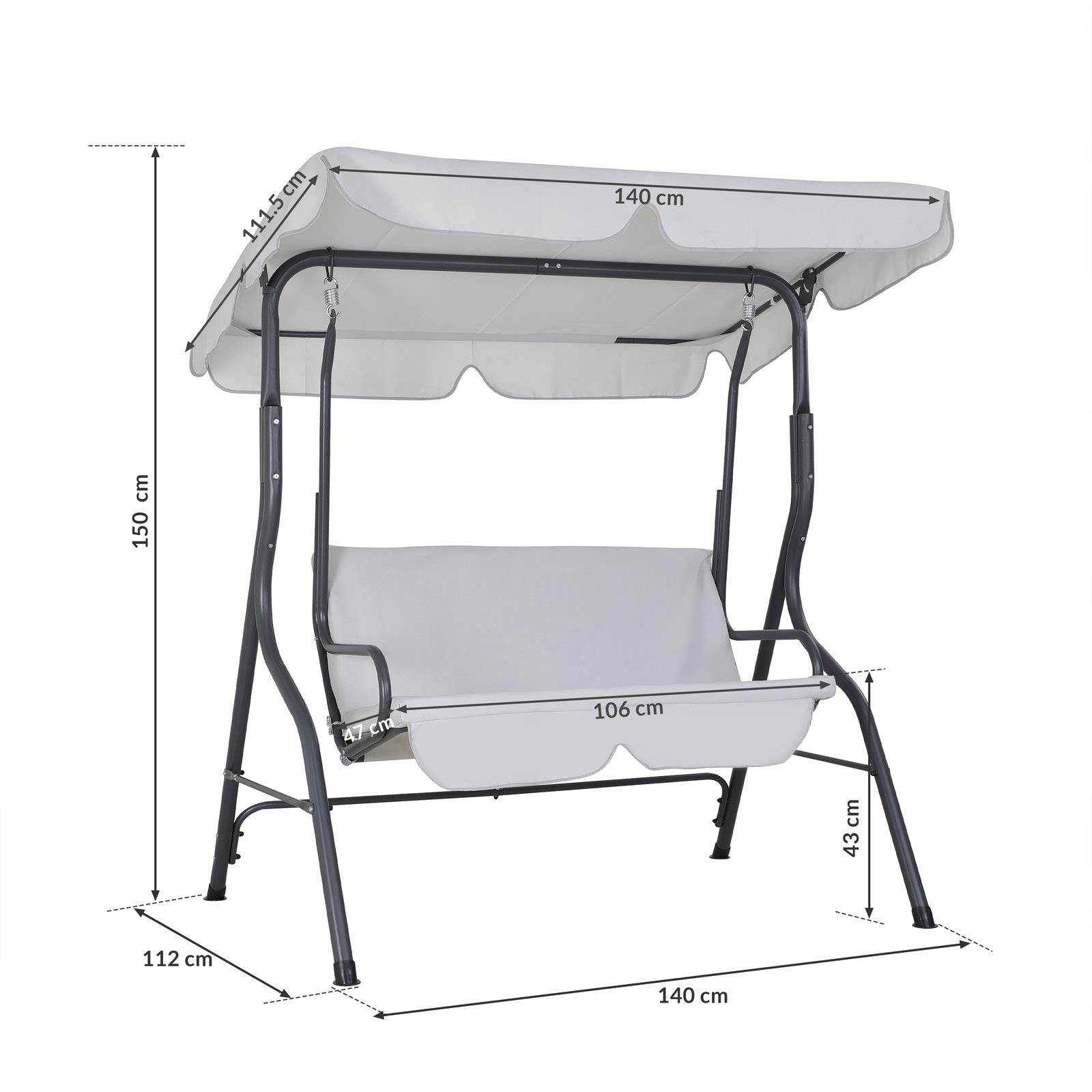 CASARIA® Hollywoodschaukel 2 Sitzer wetterfest Hellgrau 200kg Belastbarkeit Rückenlehne Dach Verstellbar Anti-Rutsch-Füße Garten Terrasse Gartenschaukel 140x112cm