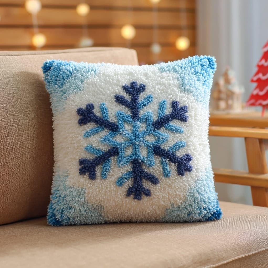 Henypt 43x43cm Latch Hook Pillow Kit,Snowflake Pre-Printed Canvas Cushion Cover Craft,Easy Latch Hook Embroidery Kit for All Skill Levels
