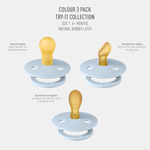 Miniatura 2 de BIBS Chupetes de 0 a 6 meses, paquete de 3 chupetes  Pezón simétrico sin BPA  Fabricado en Dinamarca  Colección Try-It marfil (azul bebé)