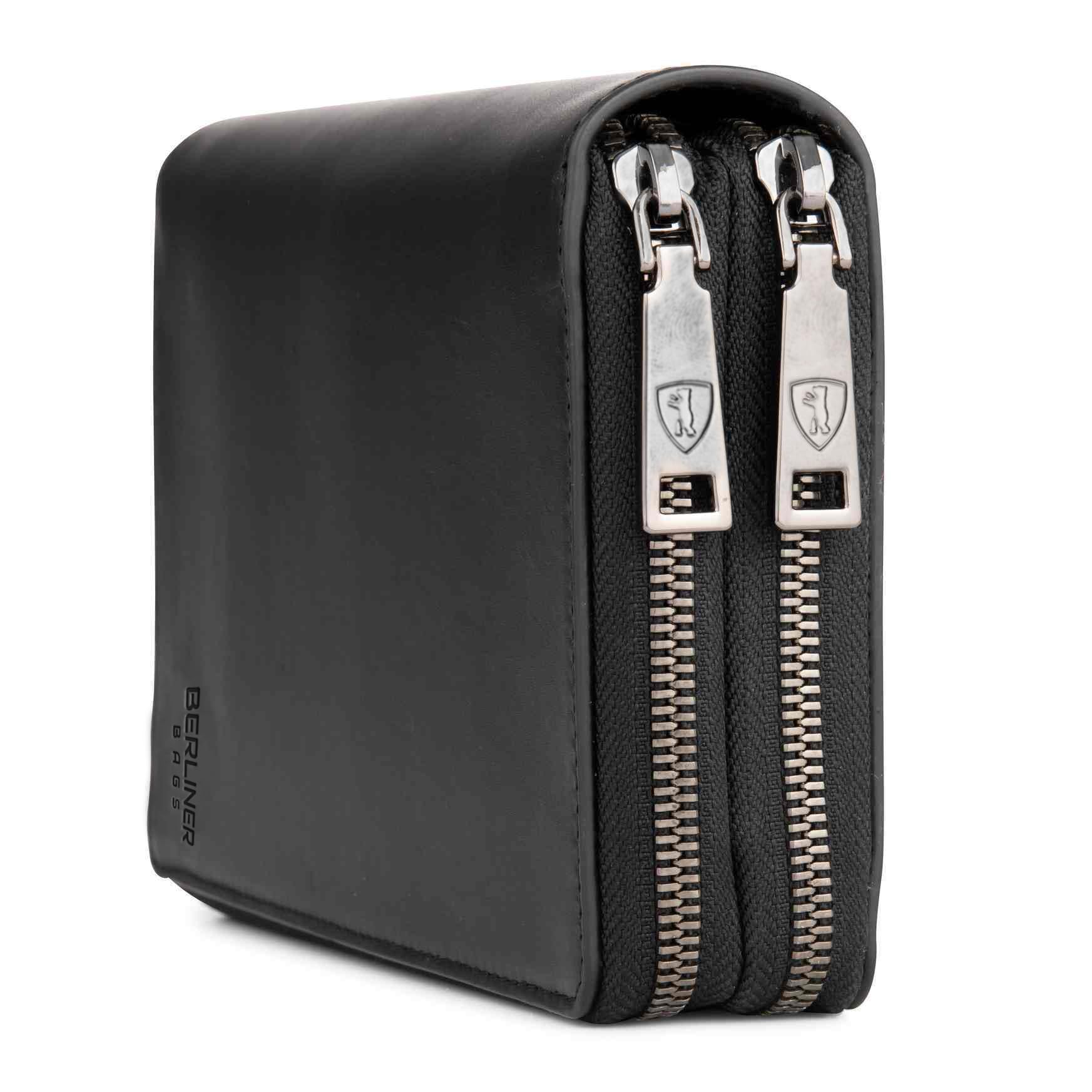 Berliner Bags Dallas Cartera XL Organizador de Viaje de Cuero Hombre RFID | Negro Billetera De Piel Auténtica 26 Tarjetas Monedero Con Cremallera Correa Muñeca Bucle Bolígrafo Protección Nfc Elegante