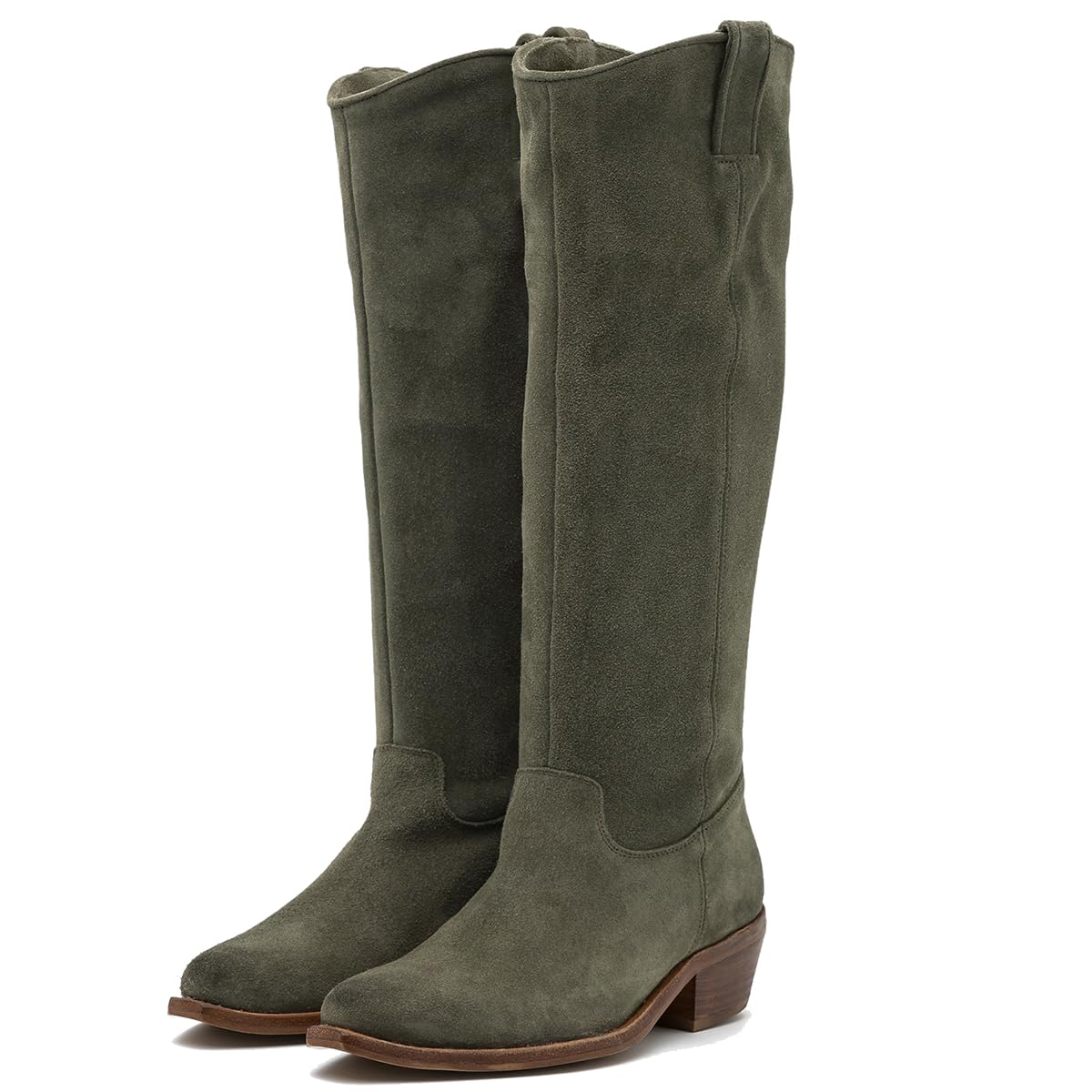 Women Low Chunky Stacked Heel Western Knee High Boots Slouchy Suede Pointed Square Toe Pull On Cowboy Boots