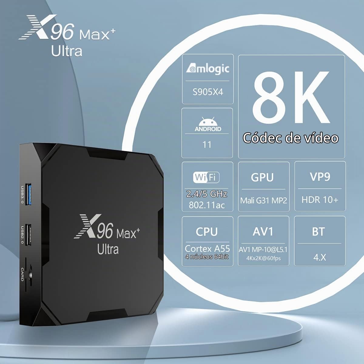 Android11.0 Smart TV Box,Amlogic S905X4 64bit Quad Core Cortex A55 CPU, G31 MP2 GPU,4GB RAM/64GB ROM,USB 3.0,BT4.0, 2.4G/5G Dual Wi-Fi, 100M Ethernet, H.265 3D/4K/8K HDR:X96MAX-4D