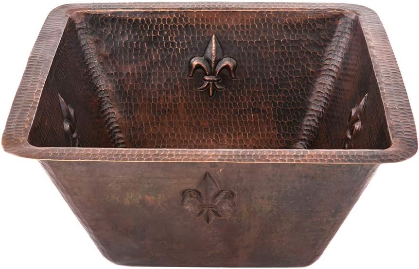 Premier Copper Products BS15FDB2 15-Inch Universal Square Fleur De Lis Hammered Copper Bar Sink with 2-Inch Drain Size, Oil Rubbed Bronze