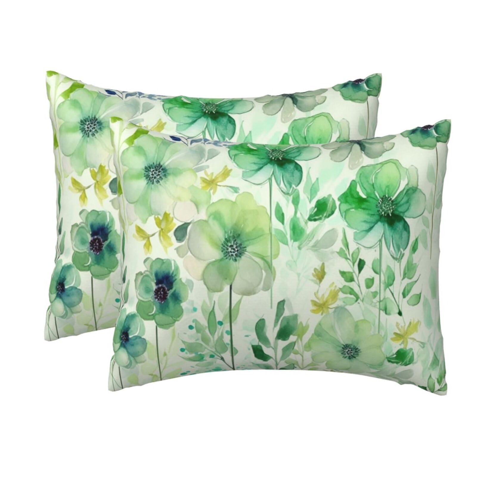 2 Pack Standard Size Pillow Cases for Hair and Skin Soft Breathable Pillow Case Covers with Hidden Zipper Watercolor Green Flowers Pillowcase 20x26 Inches Pillow Cover for Sleeping Gift