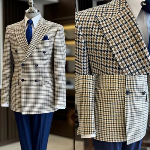 Houndstooth Blazer Men Slim Fit Plaid Suits Double Breasted Tweed Sports Coat Jacket Tuxedo Prom Wedding Groom3