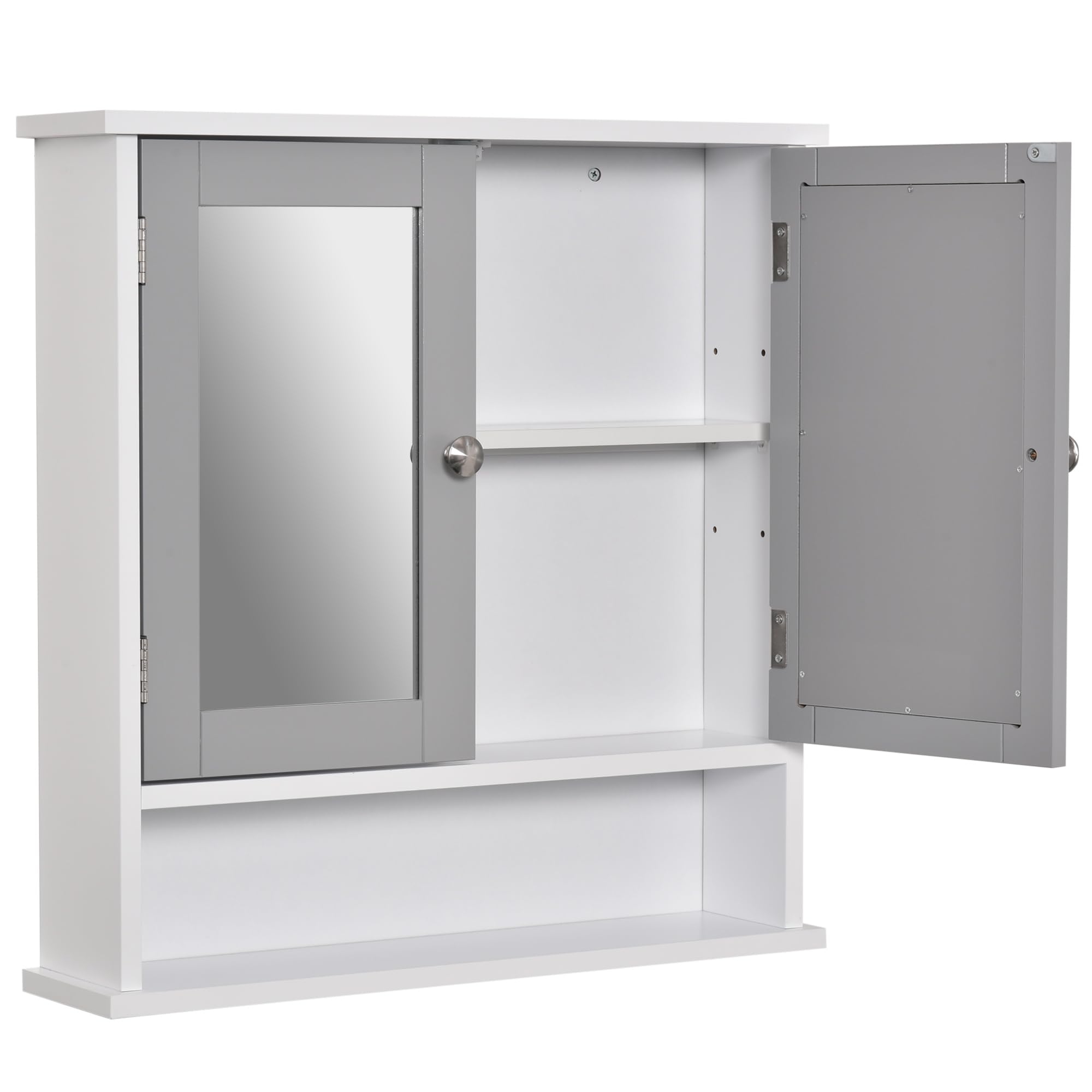 Kleankin Unisex Grey Wall Mounted Mirror Cabinet W/ Double Mirror Doors & Adjustable Shelf In