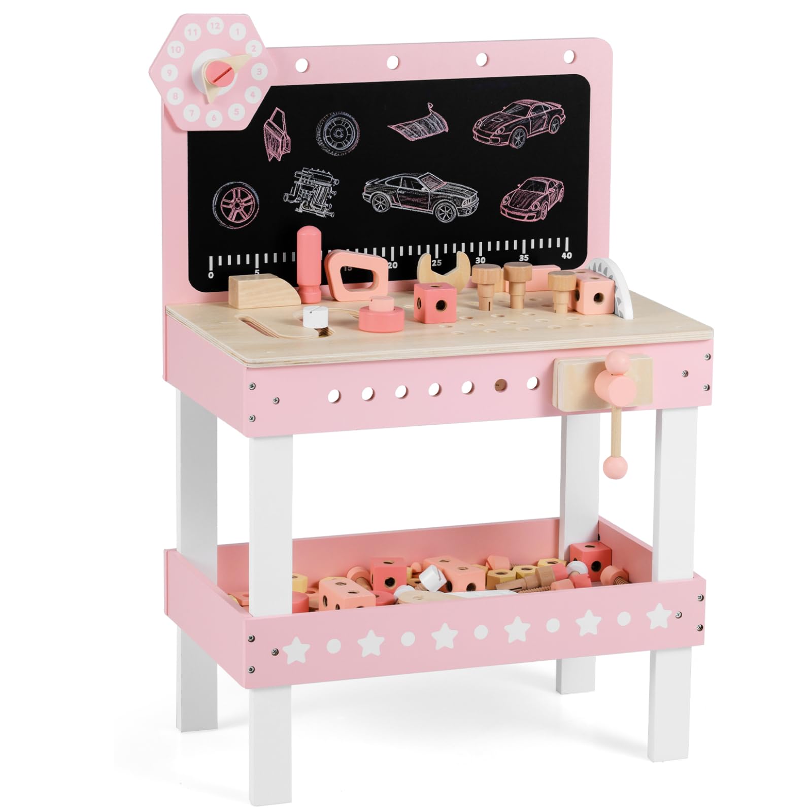 Maxmass Kids Workbench, Pretend Play Tool Bench Set with Blackboard, Storage Shelf, Accessories, Tool & Parts Set, Wooden Construction Toy for Boys Girls 3+ Years Old(75 PCS:50x29x73cm, Pink)