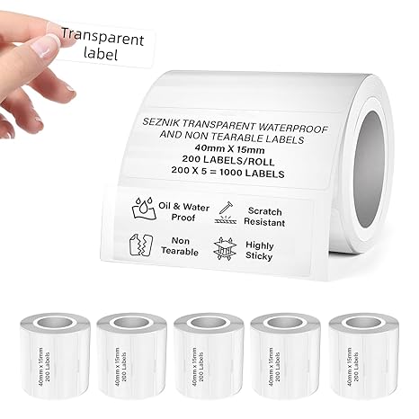 Seznik Transparent, Waterproof, Non-Tearable, Sticky Thermal Lables, Label Roll, 2 inch Adhesive Thermal Labels (40mmx15mm - 1000 Lables)