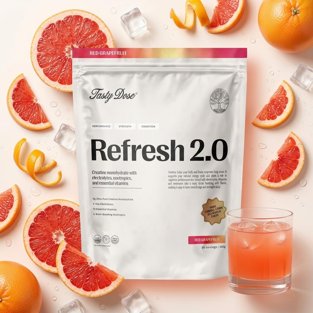 Refresh 2.0 Red Grapefruit, Kreatin 5000 mg + Elektrolyte + 2 Vitalpilze (Lion's Mane, Cordyceps) + Betain + Taurin, Nahrungsergänzungsmittel mit Kreatin Monohydrat, Koffeinfrei, 30 Portionen, 345 g