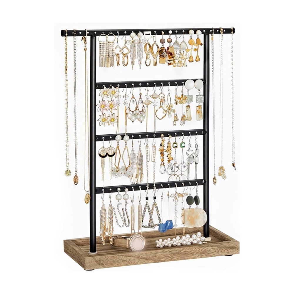 CJHFR472SG Jewelry Organizer Stands 4 - Tier Jewelry Organizer with Wooden Base Earring Necklace Display Stand Jewelry Display Stand(Black)