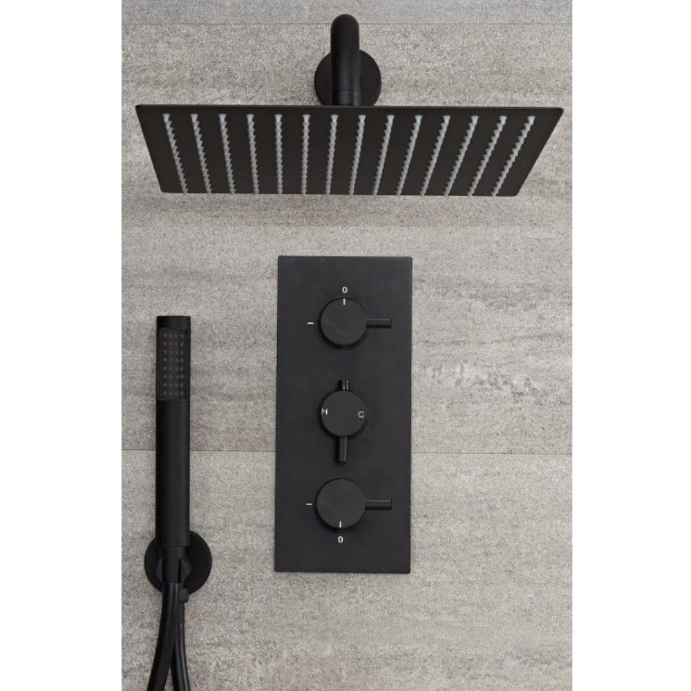 Milano Nero Thermostatic Mixer Valve 300mm Wall Mounted Square Shower Head Handset - Black