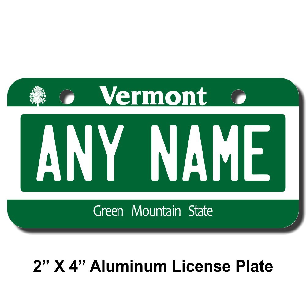 Personalized Vermont License Plate 2" X 4" (inches) Aluminum. Add Your Name, Text or Numbers.Great Size for Bikes, Drive on Toy Cars etc. VER.1