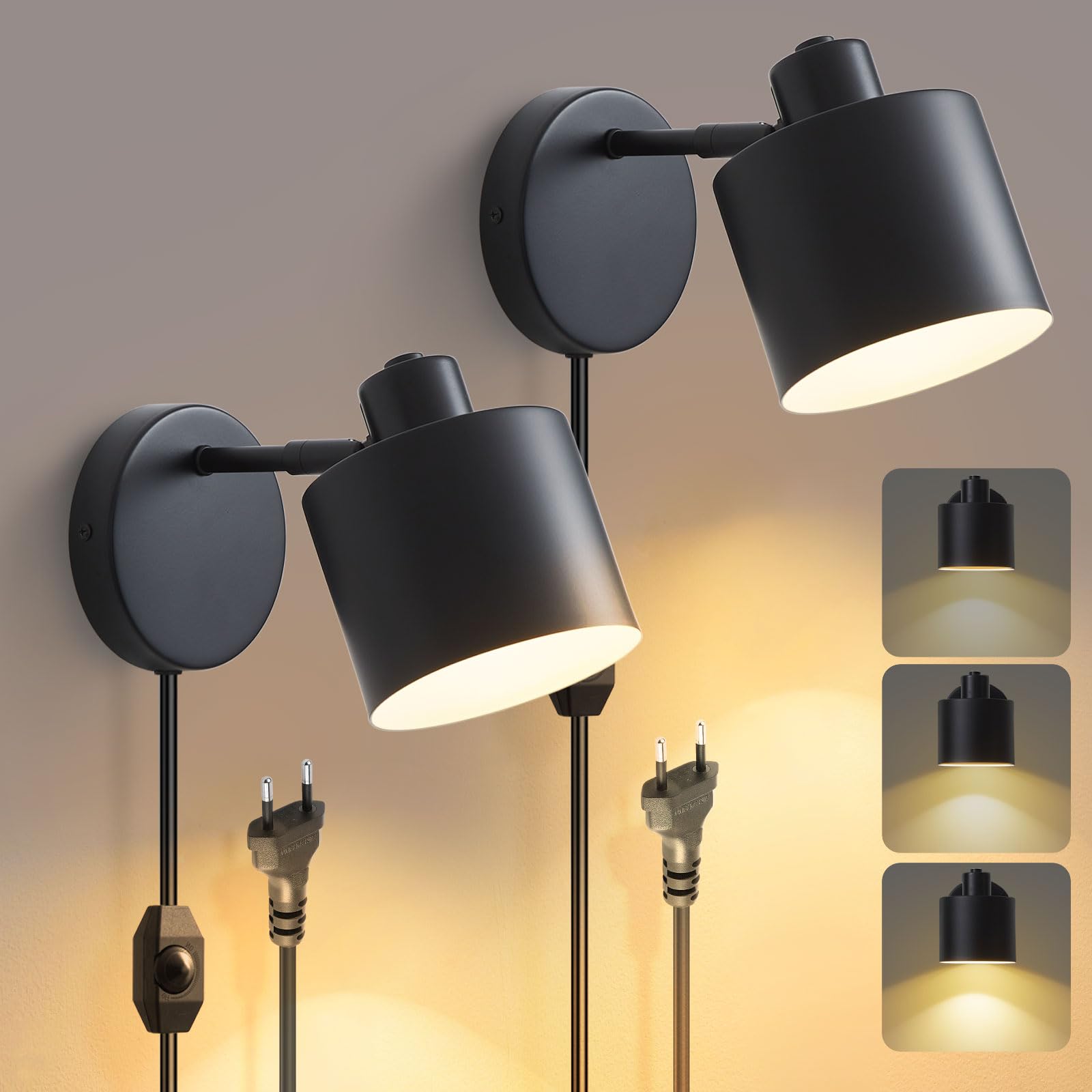 Wandlampe mit Stecker Dimmbarem Schalter, Schwarze Wandleuchte Innen mit 360° Drehbar, E27 Wandleuchte Industrial 60W Wandstrahler Innen für Wohnzimmer Schlafzimmer Flur