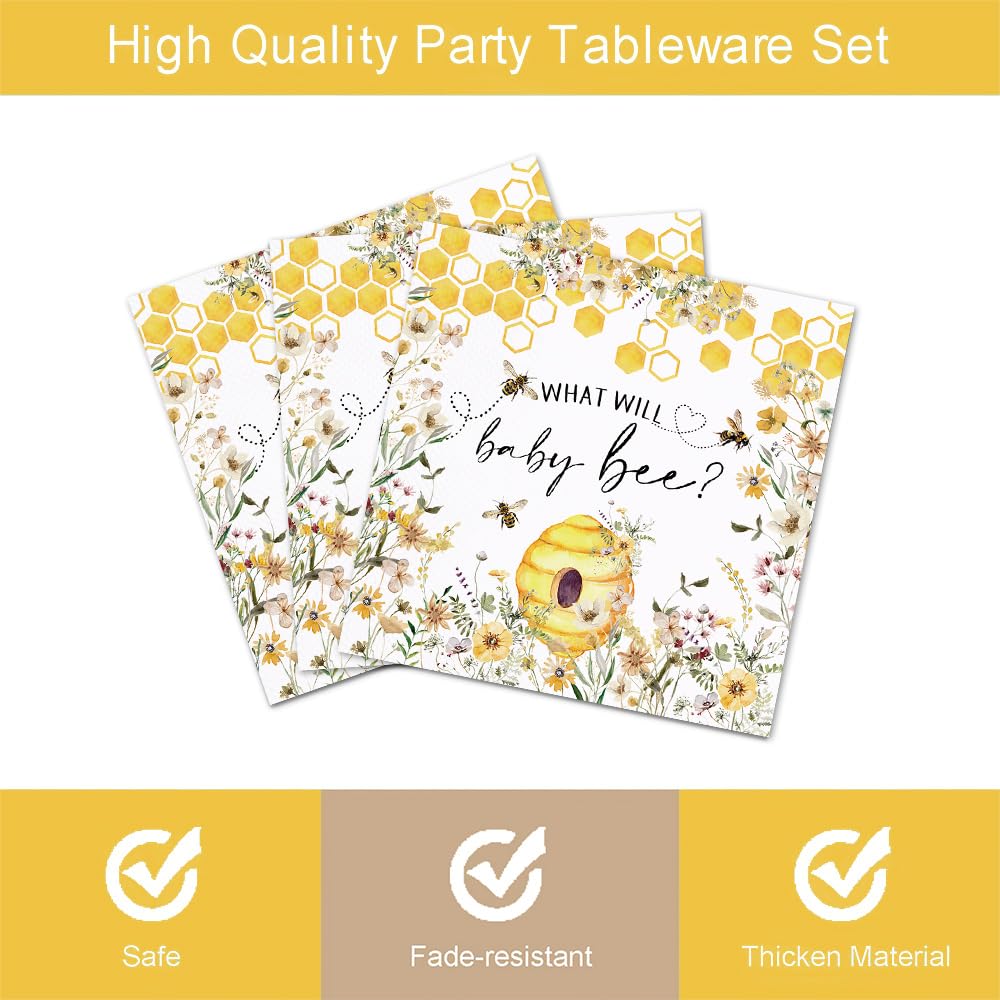 96-teiliges Bienengeschlechts-Enthüllungs-Partygeschirr mit Aufschrift "What Will Baby Bee Teller und Servietten", Babyparty-Set, Wabenblumen, Dekorationen für 24 Gäste