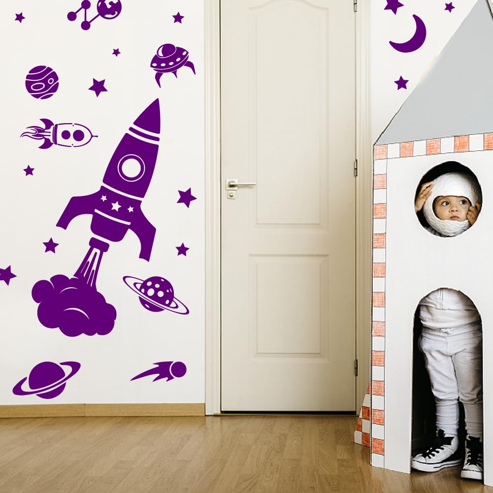 SUPERDANT Simple Planet Rocket Wall Decals Outer Space Wall Sticker DIY Purple Wall Sticker Murals Stickers for Kids Bedroom Nursery Living Room Decoration - Image 4