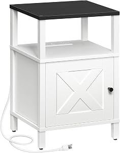 MAHANCRIS Farmhouse Nightstand with Charging Station, White Bedside Table with USB&Type-C Ports and Outlets, End Table with Storage, Night Stand for Bedroom, White and Black ETBW96E01