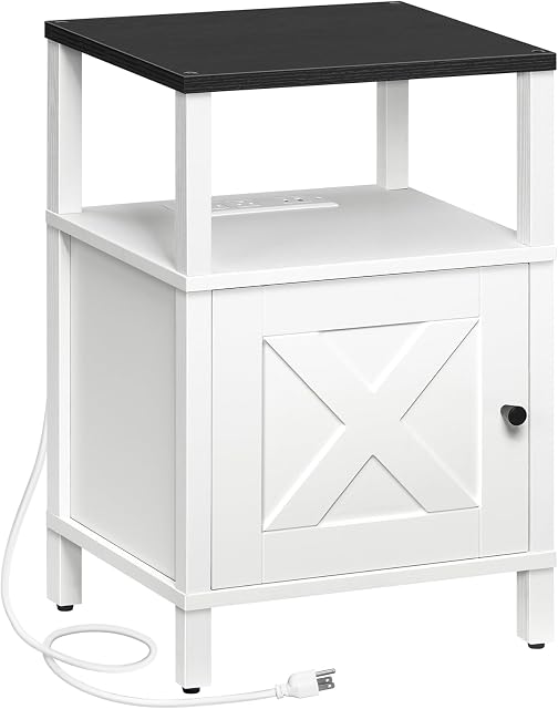 MAHANCRIS Table de chevet ferme avec borne de recharge, Table de lit blanche avec ports et sorties USB & Type C, Table d'extrémité avec rangement, Stand de nuit pour chambre, blanc et noir ETBW96E01