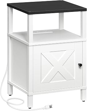 MAHANCRIS Farmhouse Nightstand with Charging Station, Barn Door End Table with USB Ports and Storage Cabinet, Bedside Table for Bedroom, Small Space, White and Black ETBW96E01
