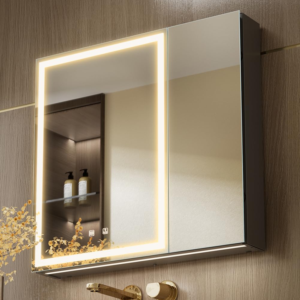 KWW LED Ilumina el Botiquín del Baño, con Espejo, Temperatura de Color Ajustable, luz Antiniebla, Enchufe y USB, Botiquín Montado en La Pared (2 puertas-75×70)