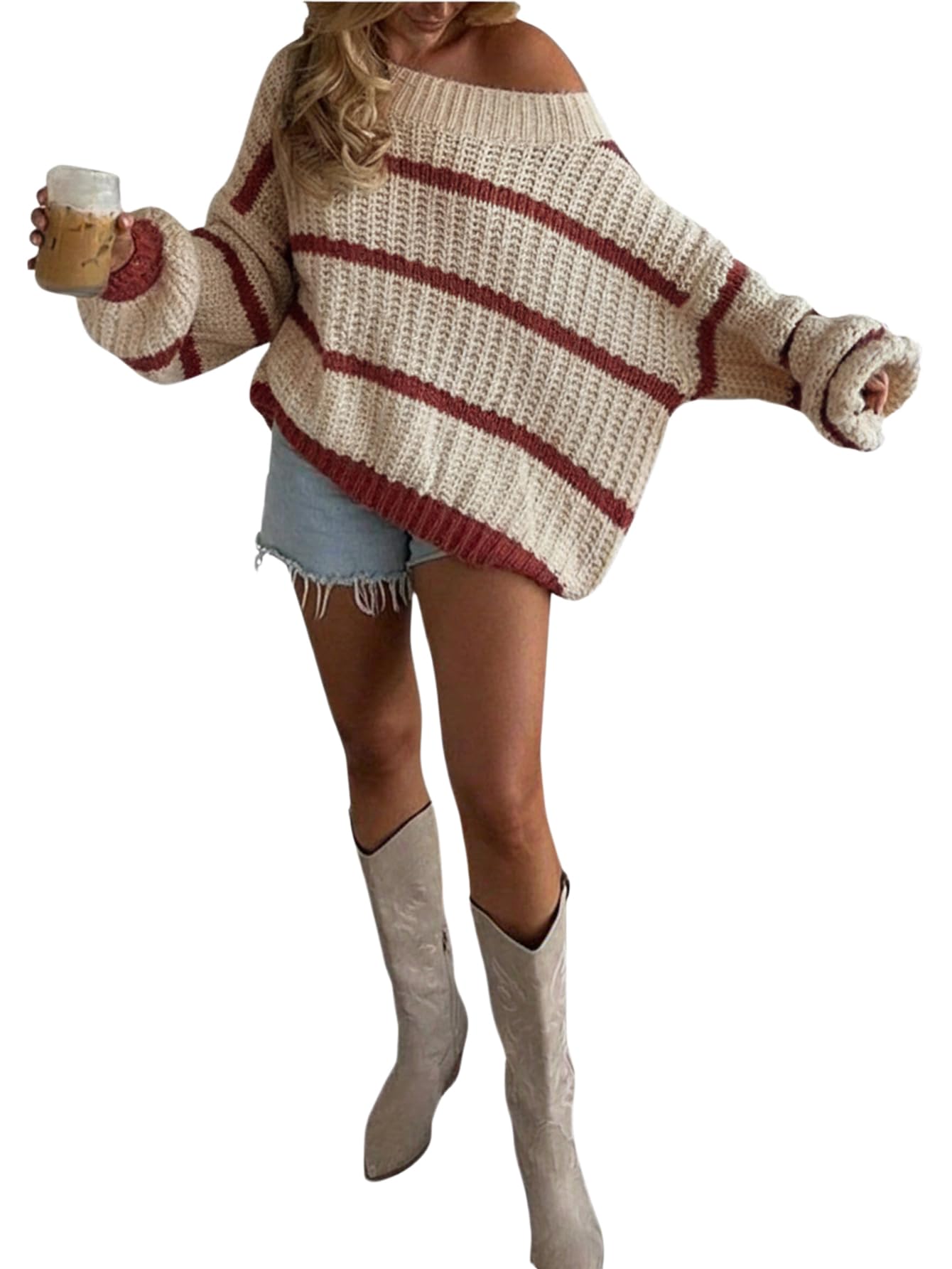 Verdusa Women s Off The Shoulder Sweater Striped Color Block Chunky Oversized Cozy Sweaters Winter Clothing