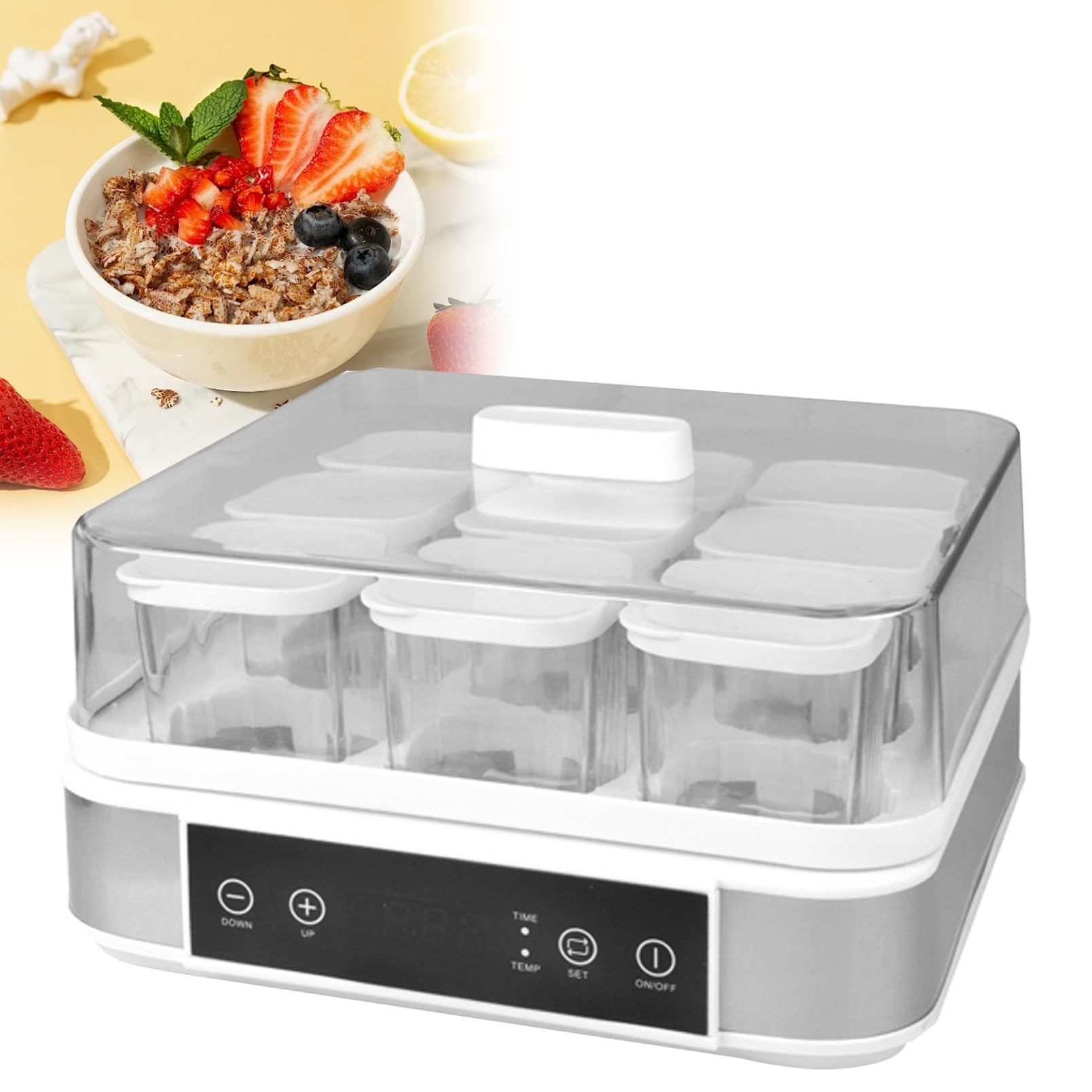 Yogurt Maker per yogurt fatto in casa e natto, temperatura regolabile e controllo del tempo, include 9 barattoli di vetro per dessert freschi